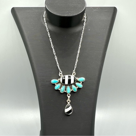 Striped Black Onyx & Turquoise Sterling Silver 925 Handmade Pendant Necklace